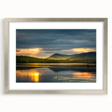 Textured abstract art print of Adirondack scenery in silver frame, with cool gray and blue tones, ideal for bedroom art.