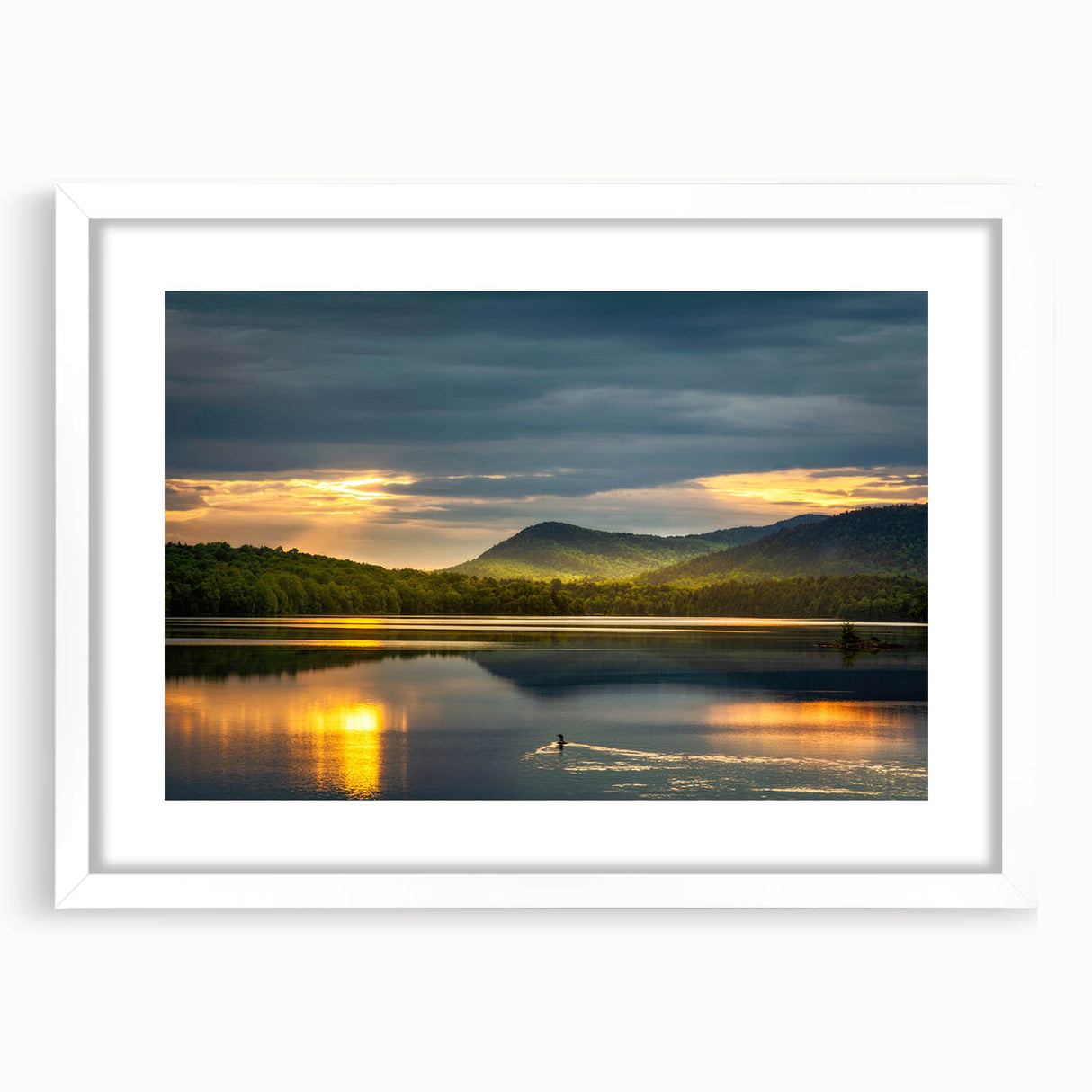 Abstract art print of the Adirondacks in muted earth tones, framed with a white mat, ideal for dining room decor.