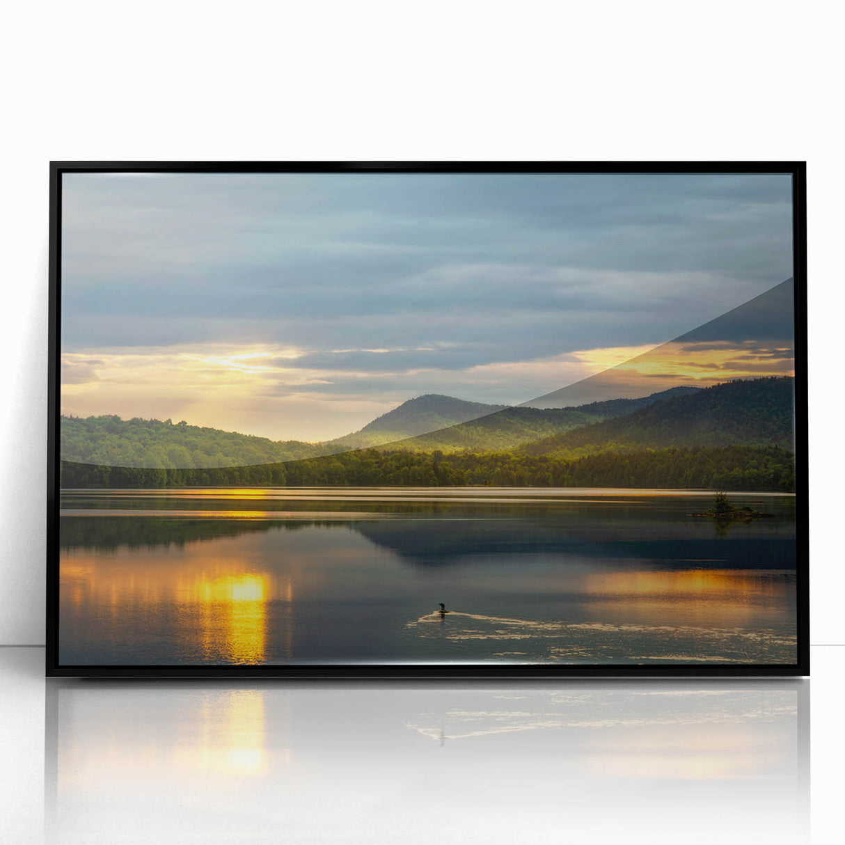 Large abstract wall art depicting Adirondack scenery in muted earth tones on a black framed acrylic.