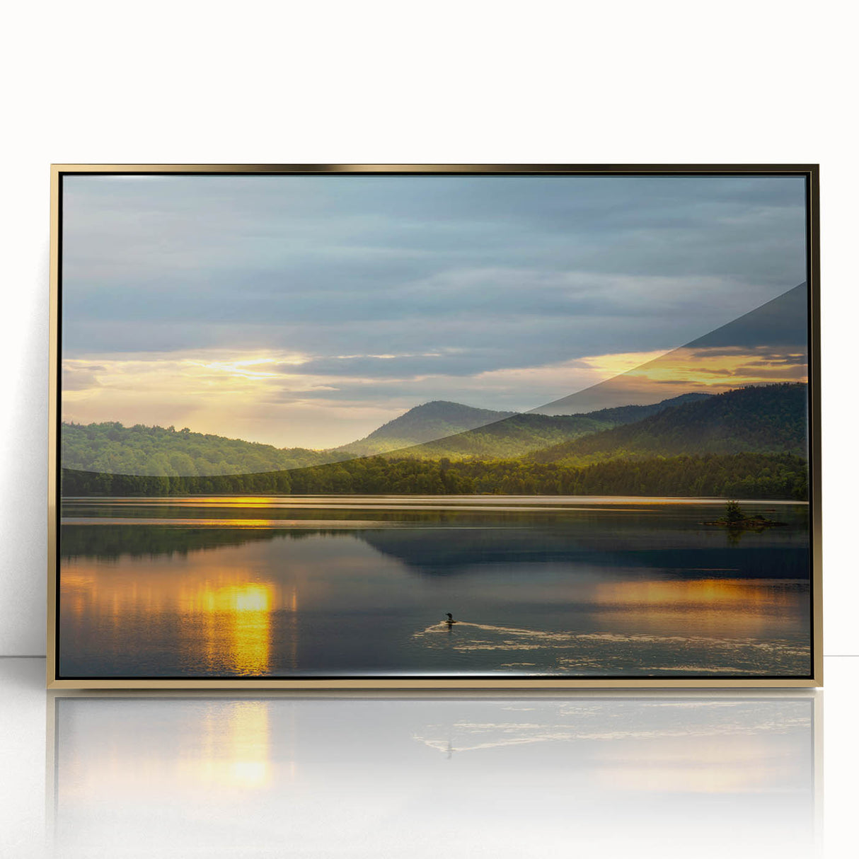 Mid-century modernist style acrylic print of Adirondacks scenery in gold frame, suited for nursery wall art.