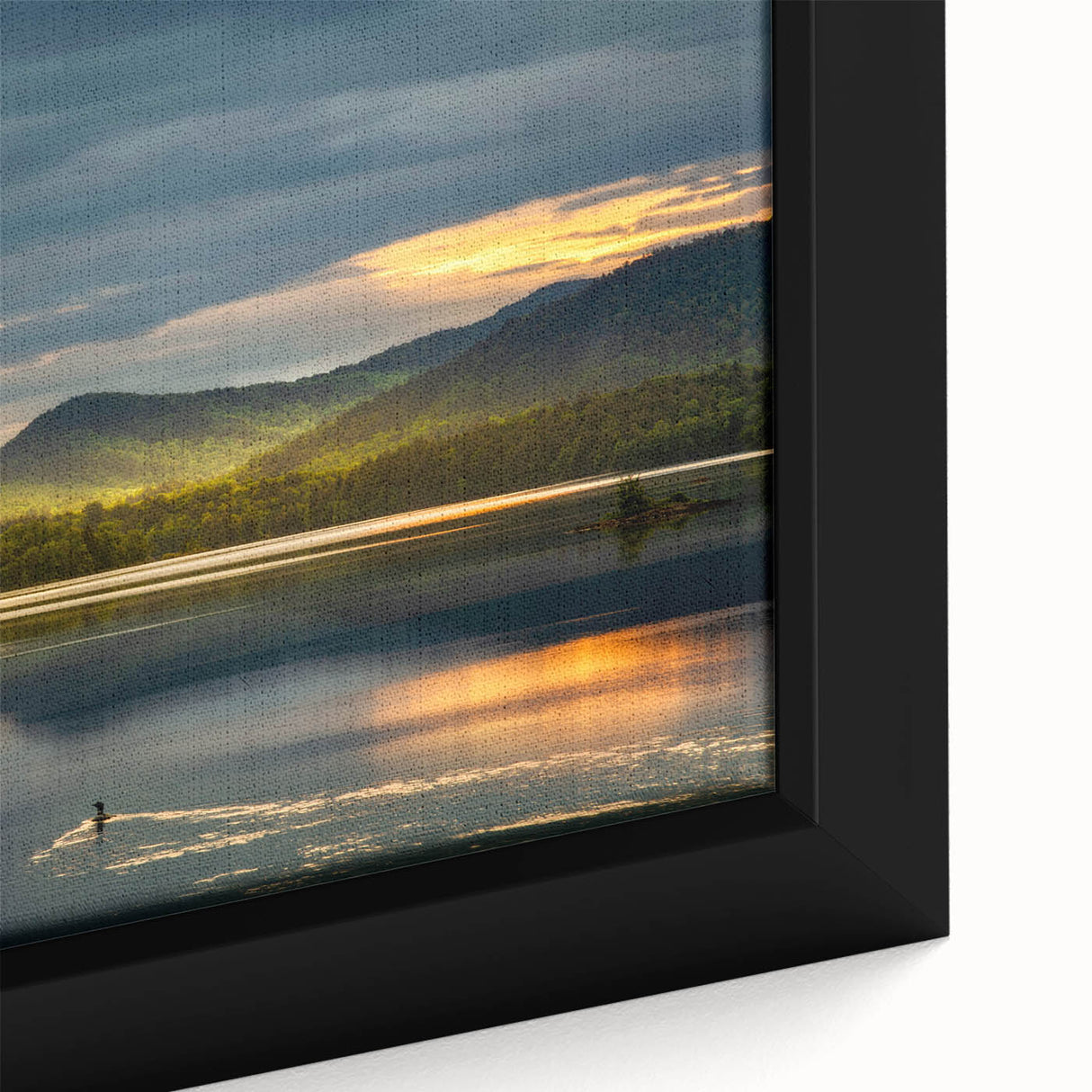 Extra large framed canvas depicting a textured, colorful Adirondacks scenery in black with vibrant hues.