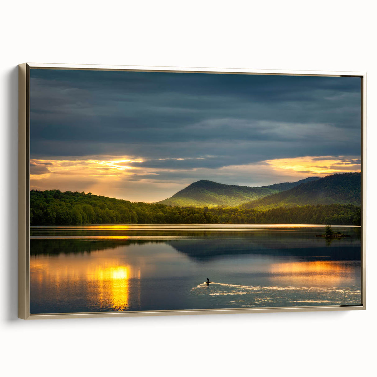 Framed canvas featuring a vintage-style landscape painting of the Adirondacks in muted earth tones.