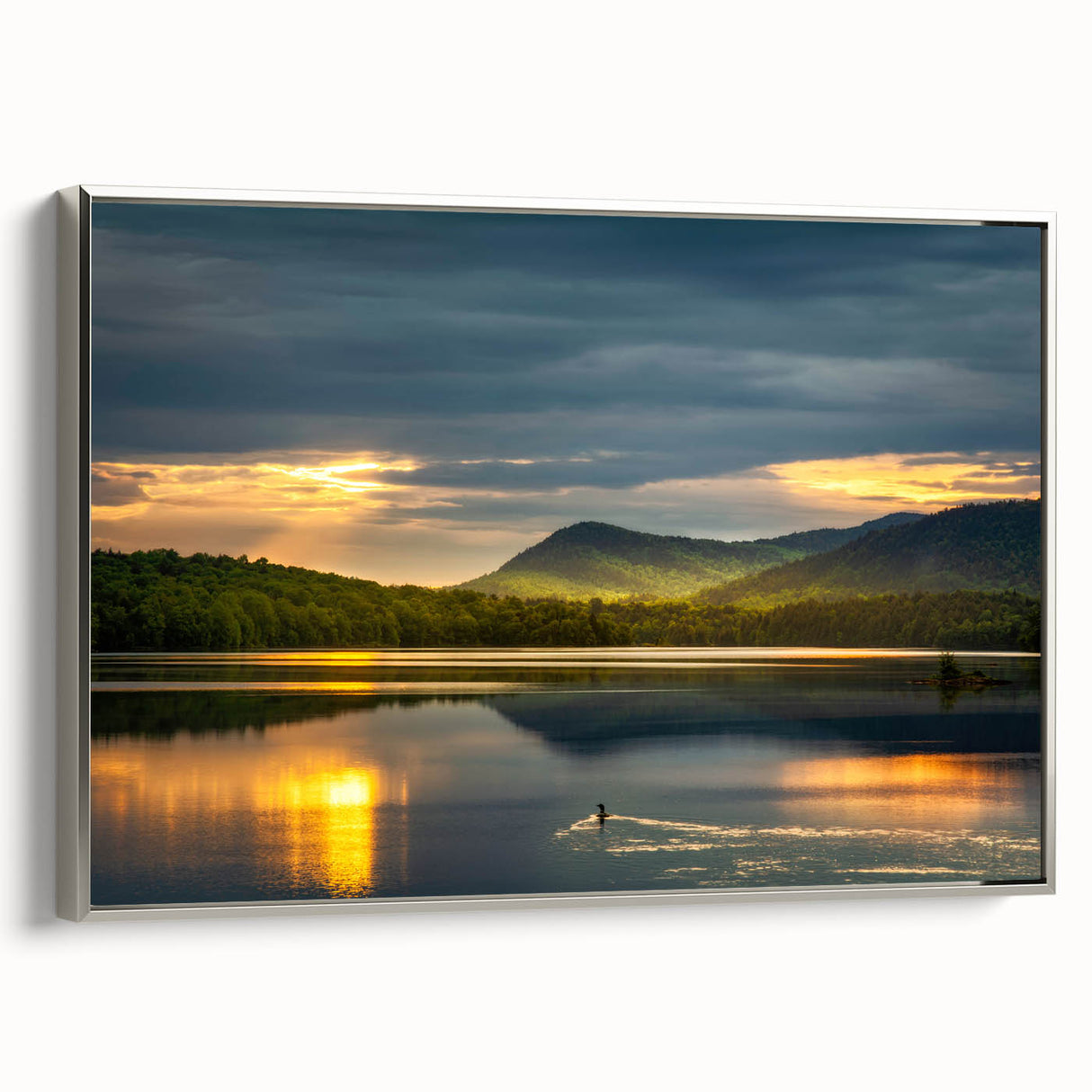 Framed canvas landscape art painting of the Adirondacks, featuring a colorful vintage poster style on a black background.
