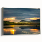 Framed canvas landscape art painting of the Adirondacks, featuring a colorful vintage poster style on a black background.