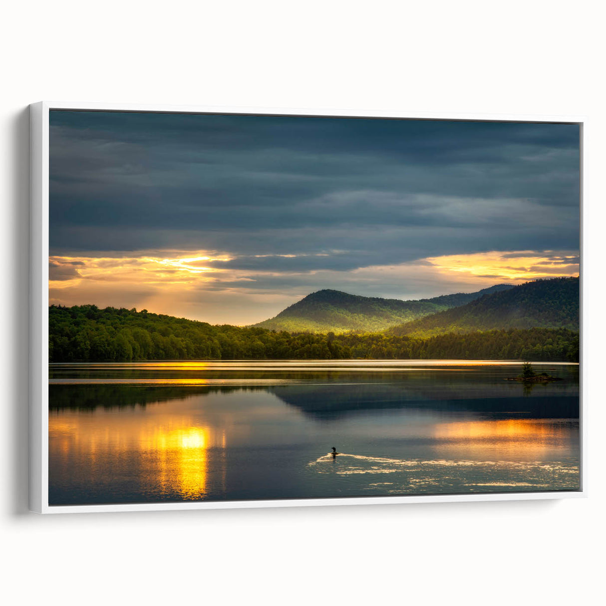 Vintage poster art of Adirondacks with colorful landscape on extra large framed canvas, ideal for living room decor.