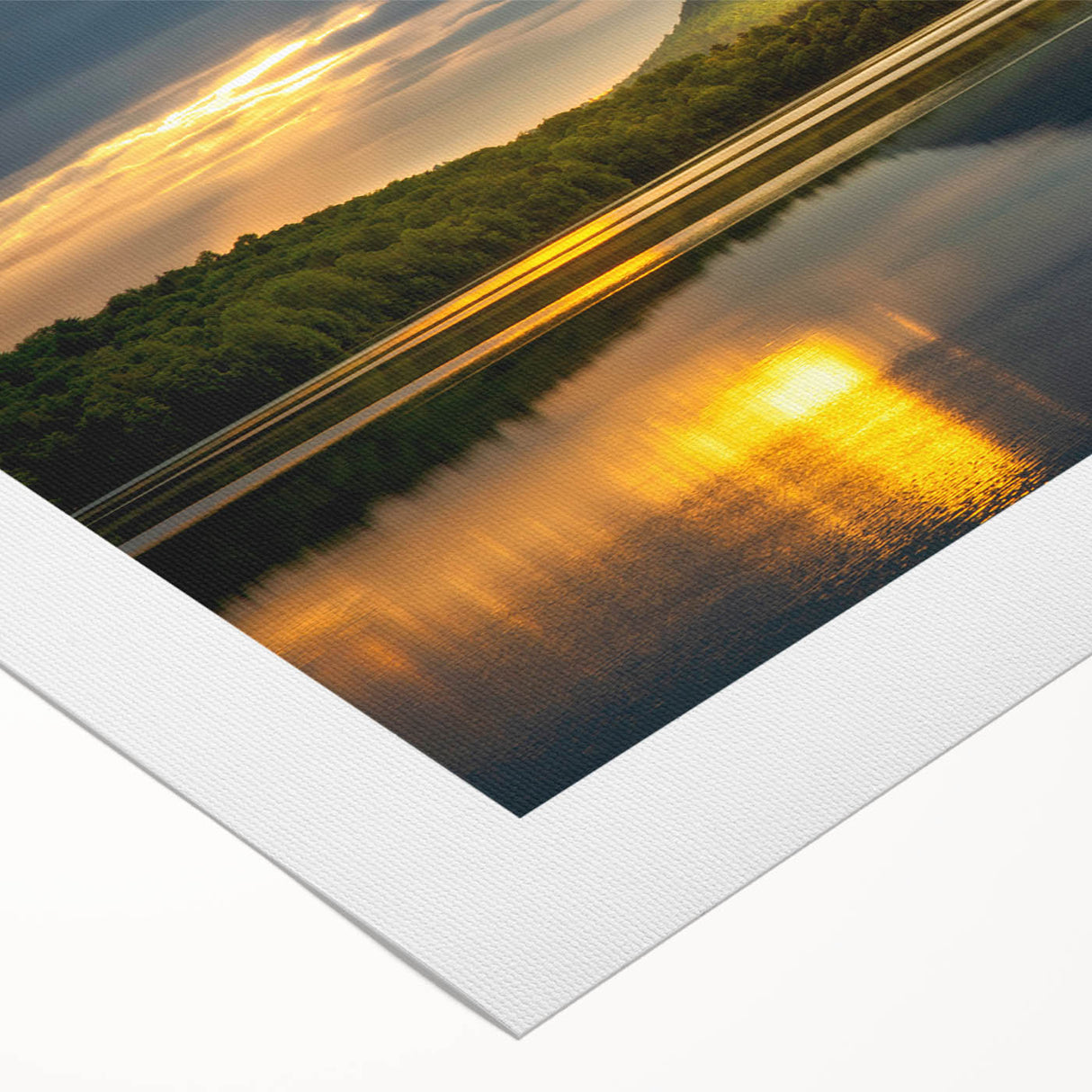 Art deco poster of Adirondack scenery in muted green and blue tones on rolled canvas, suited for dining room wall art.