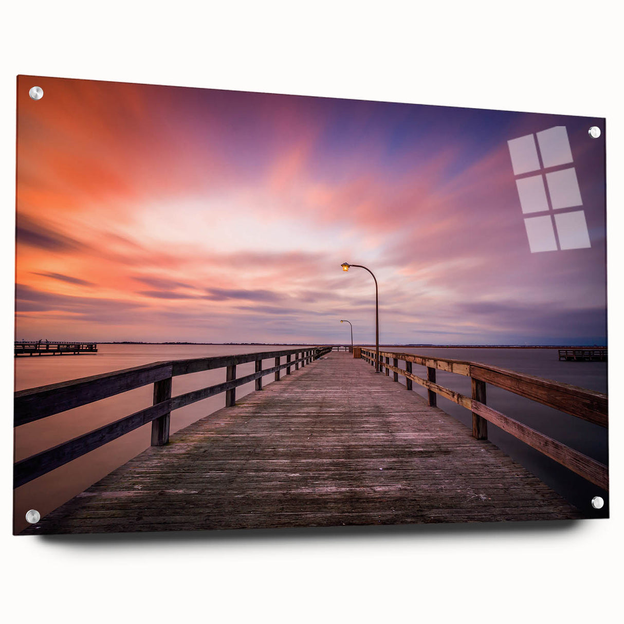 Large abstract wall art depicting the Long Island scenery in muted blue and green tones on acrylic glass.
