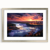 Textured abstract art print of Niagara Falls in muted blue and gray tones on a framed canvas, suitable for bedroom decor.