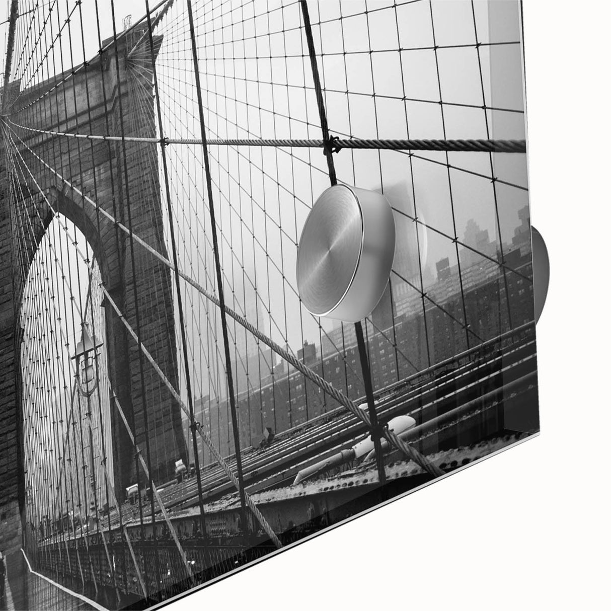Acrylic print of the Brooklyn Bridge in muted gray tones, ideal for dining room art in a mid-century modernist style.