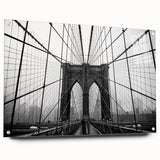 Acrylic print of the Brooklyn Bridge in muted gray and blue tones, ideal for modern bedroom or dining room decor.
