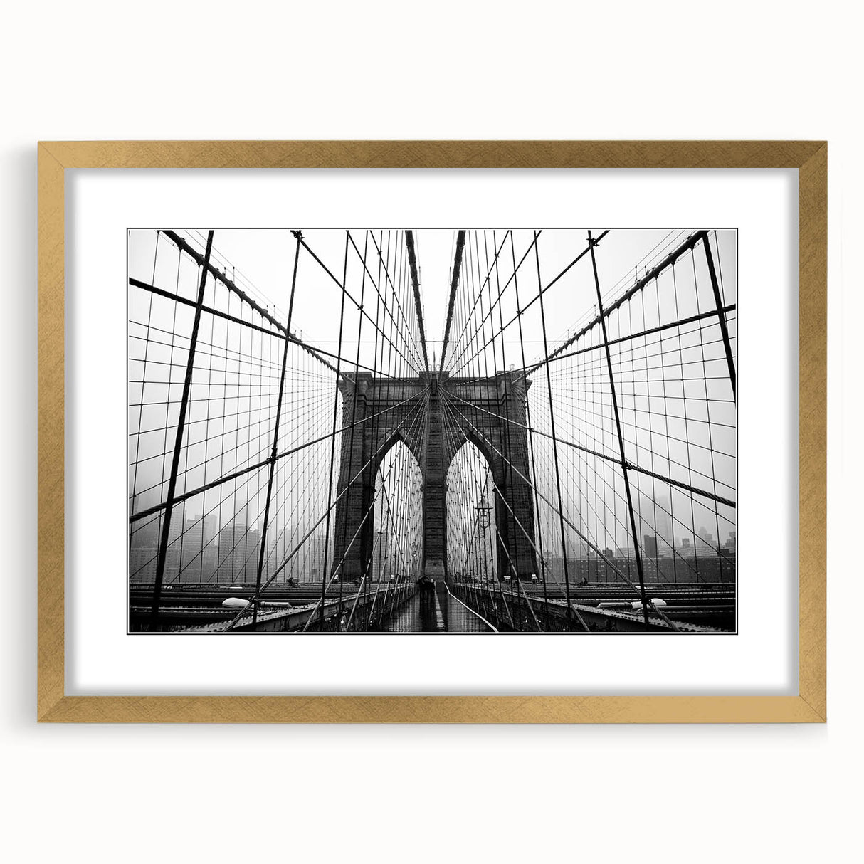 Extra large abstract art print of Brooklyn Bridge in textured hues of gray and blue on a gold-framed canvas.