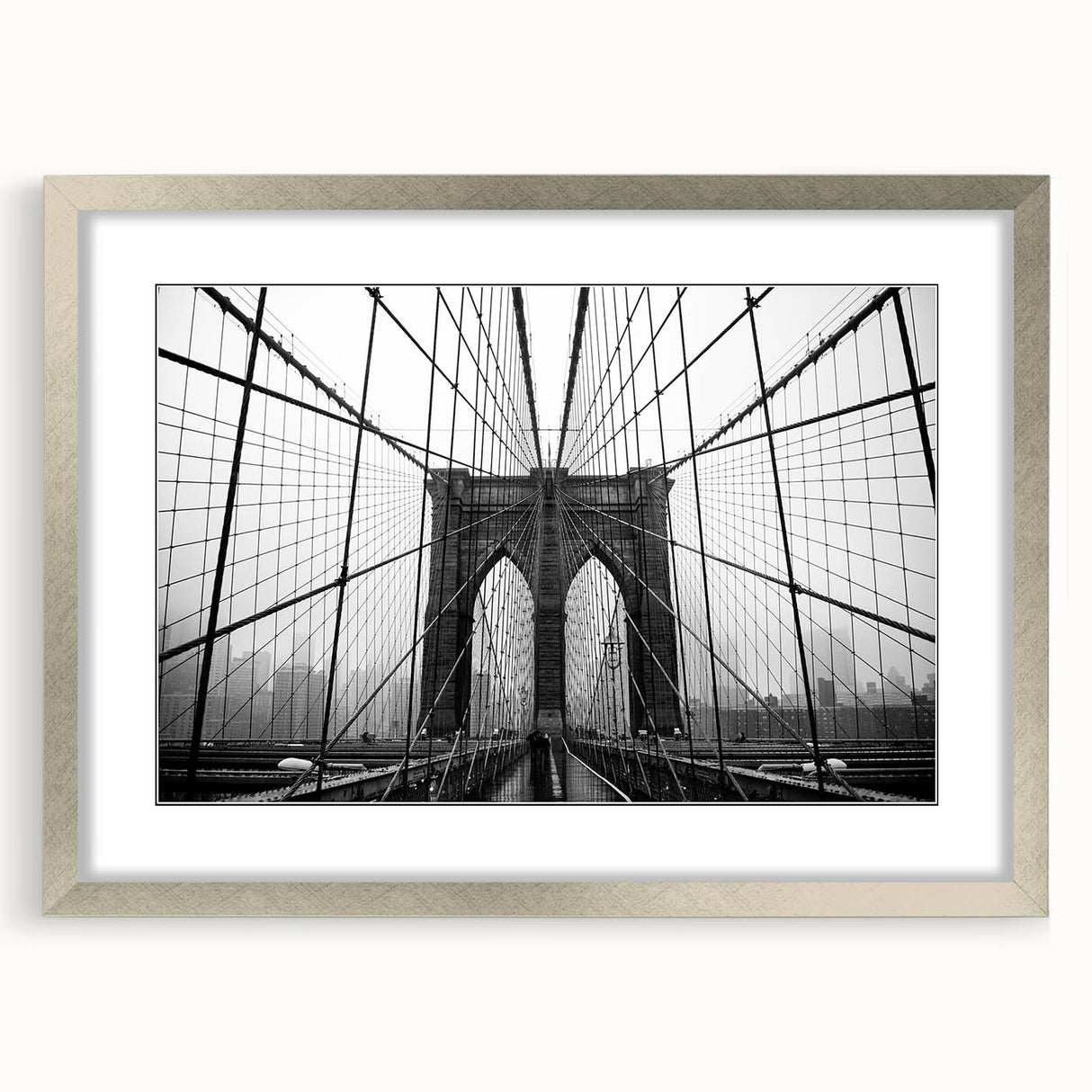 Textured art print of the Brooklyn Bridge in muted gray tones on a framed canvas, ideal for modern bedroom decor.