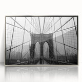 Mid-century modernist art of the Brooklyn Bridge in muted silver tones on a framed acrylic print.