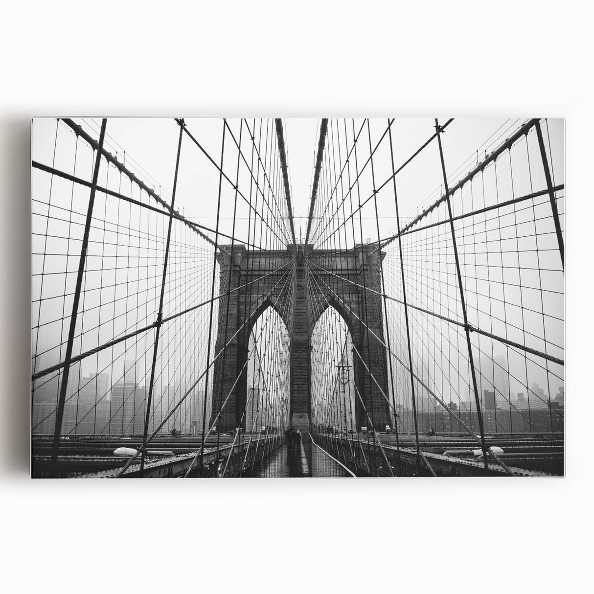Black and white photo of the Brooklyn Bridge on stretched canvas, ideal for kitchen wall art.