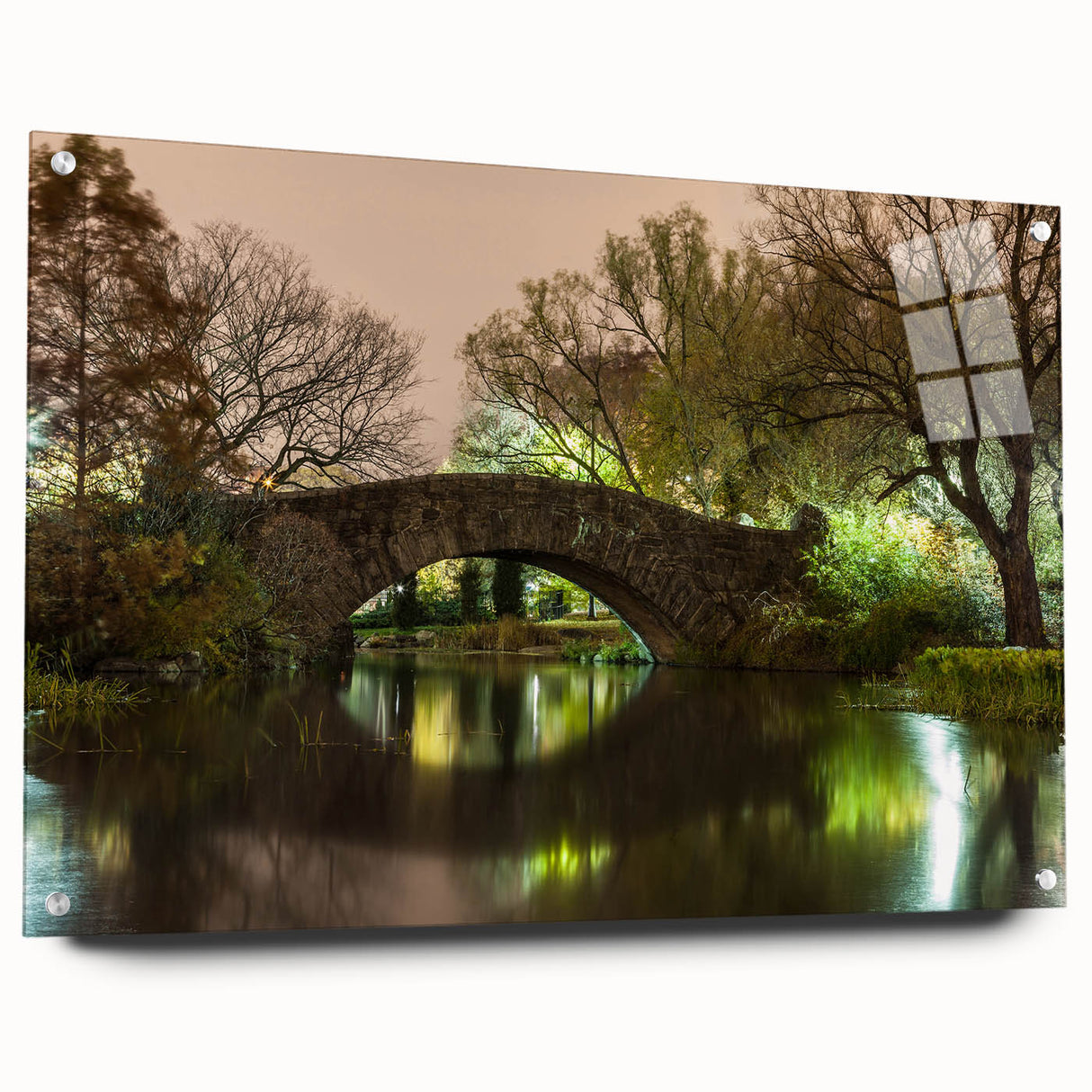 Acrylic glass print of Central Park in autumn with warm yellow and orange hues, suitable for bedroom or dining room decor.