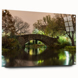 Acrylic glass print of Central Park in autumn with warm yellow and orange hues, suitable for bedroom or dining room decor.