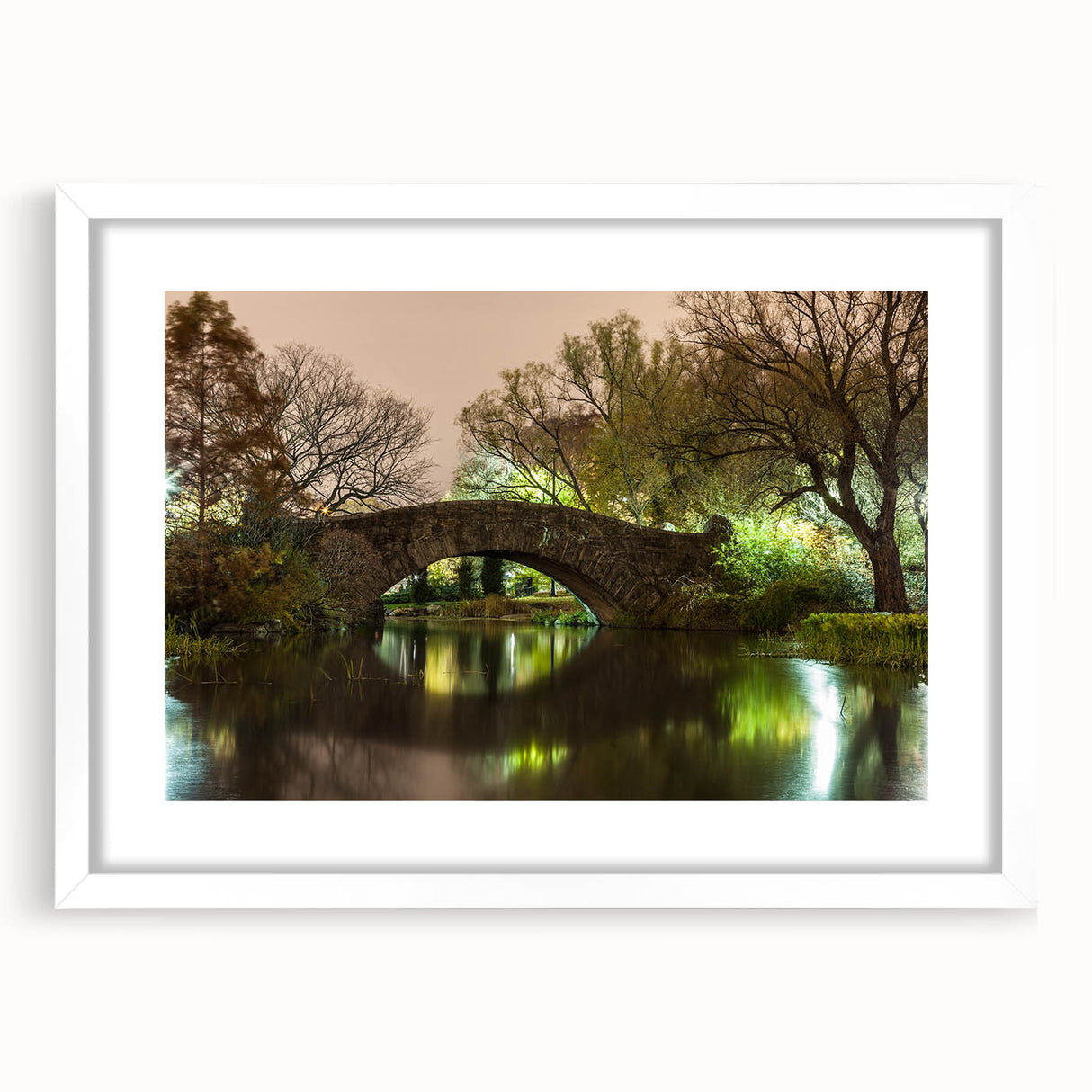 Abstract art print of Central Park in muted green and brown tones on a framed white canvas, ideal for dining room decor.