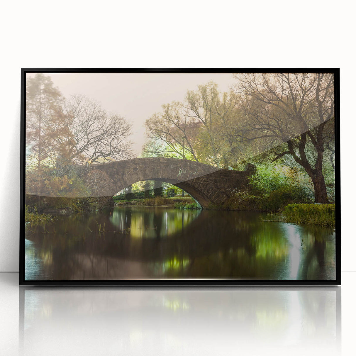 Large abstract wall art of Central Park with muted green and blue tones on a framed acrylic.