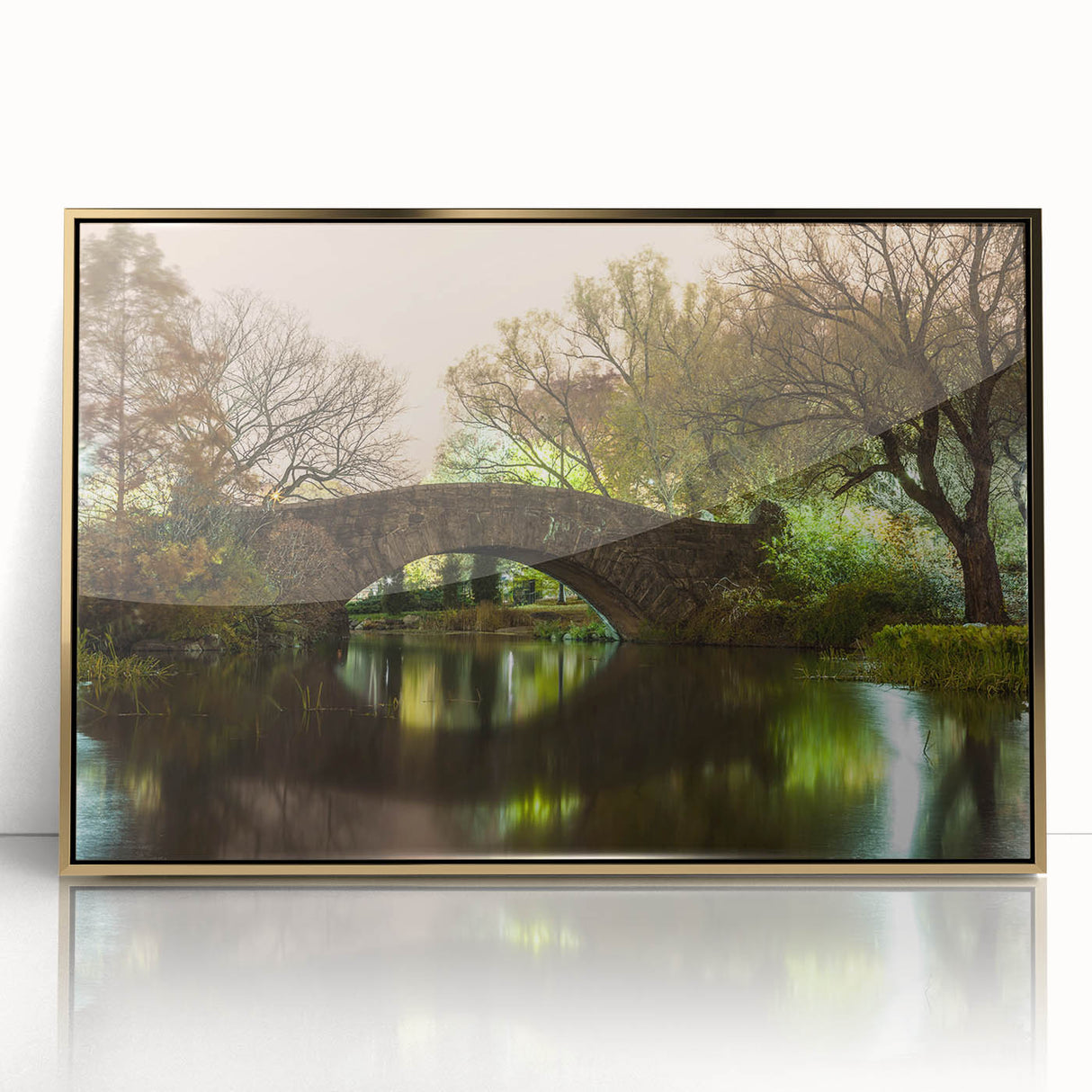 Framed acrylic print of Central Park with autumn foliage in mid-century modernist style, ideal for modern art wall decor.