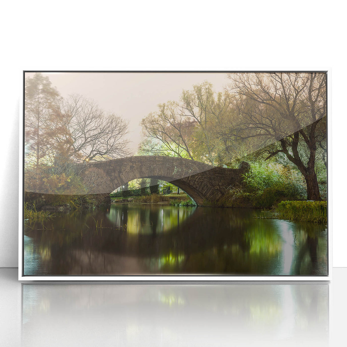 Art deco poster of Central Park in muted green and beige tones, framed acrylic, ideal for modern art wall decor in a nursery.