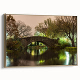 Framed canvas of Central Park landscape in muted greens and browns, ideal for bedroom wall art.