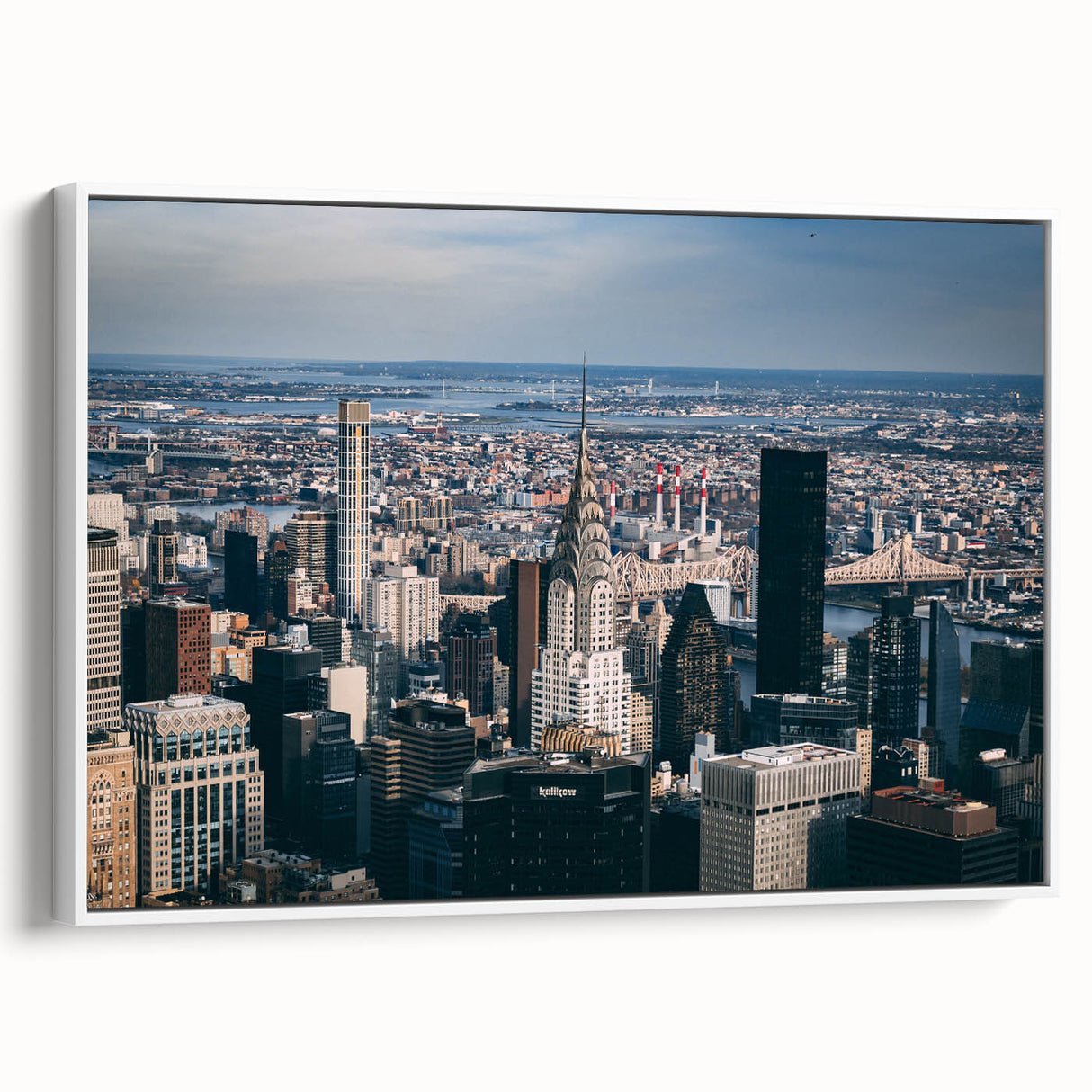 Vintage poster art of the Chrysler Building, using a monochrome palette, framed canvas, ideal for living room decor.