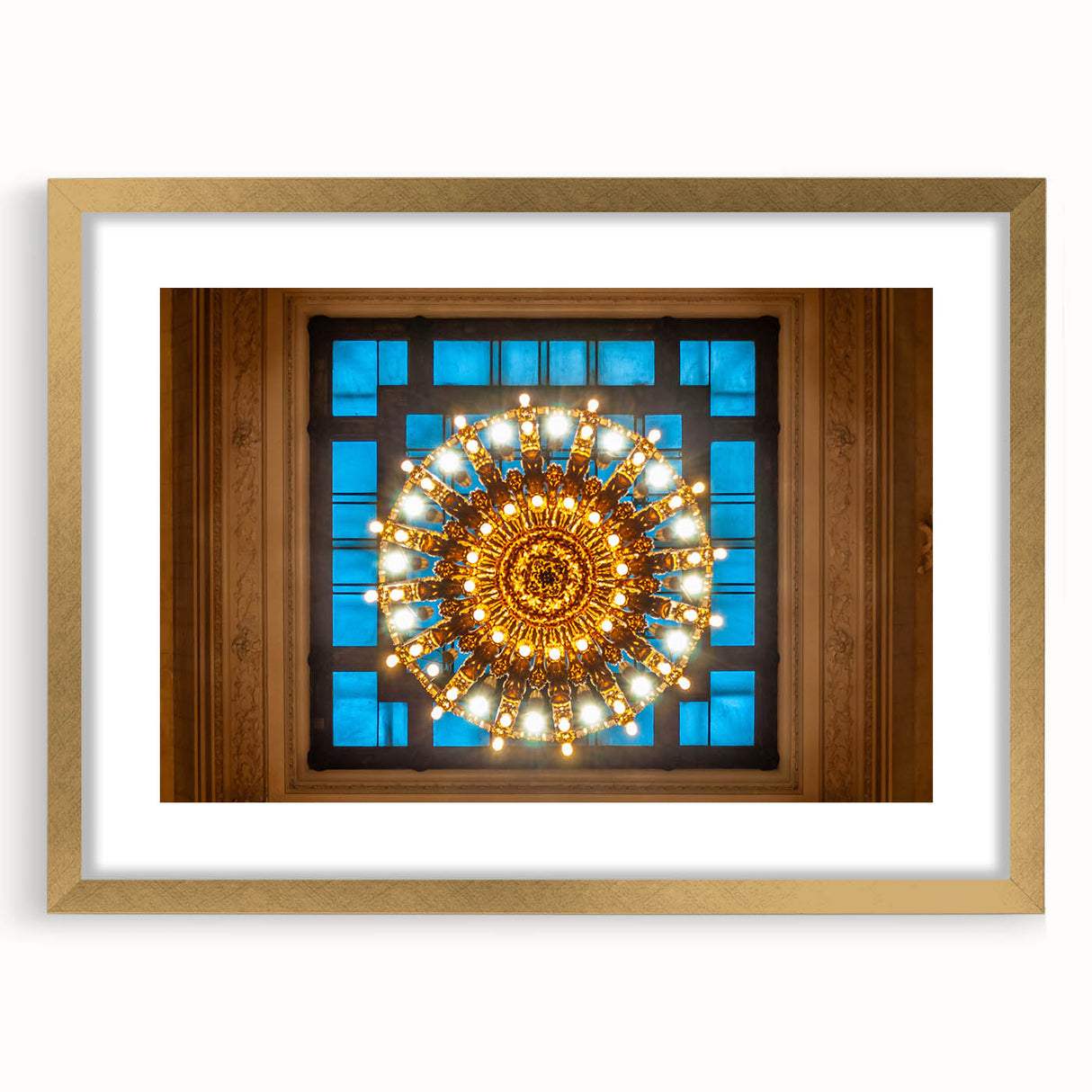 Extra large abstract art print of NYC's Grand Central, in gold frame, with textured details, suited for living room decor.