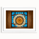 Abstract art print of NYC's Grand Central in muted gray and blue tones on a white-framed poster.