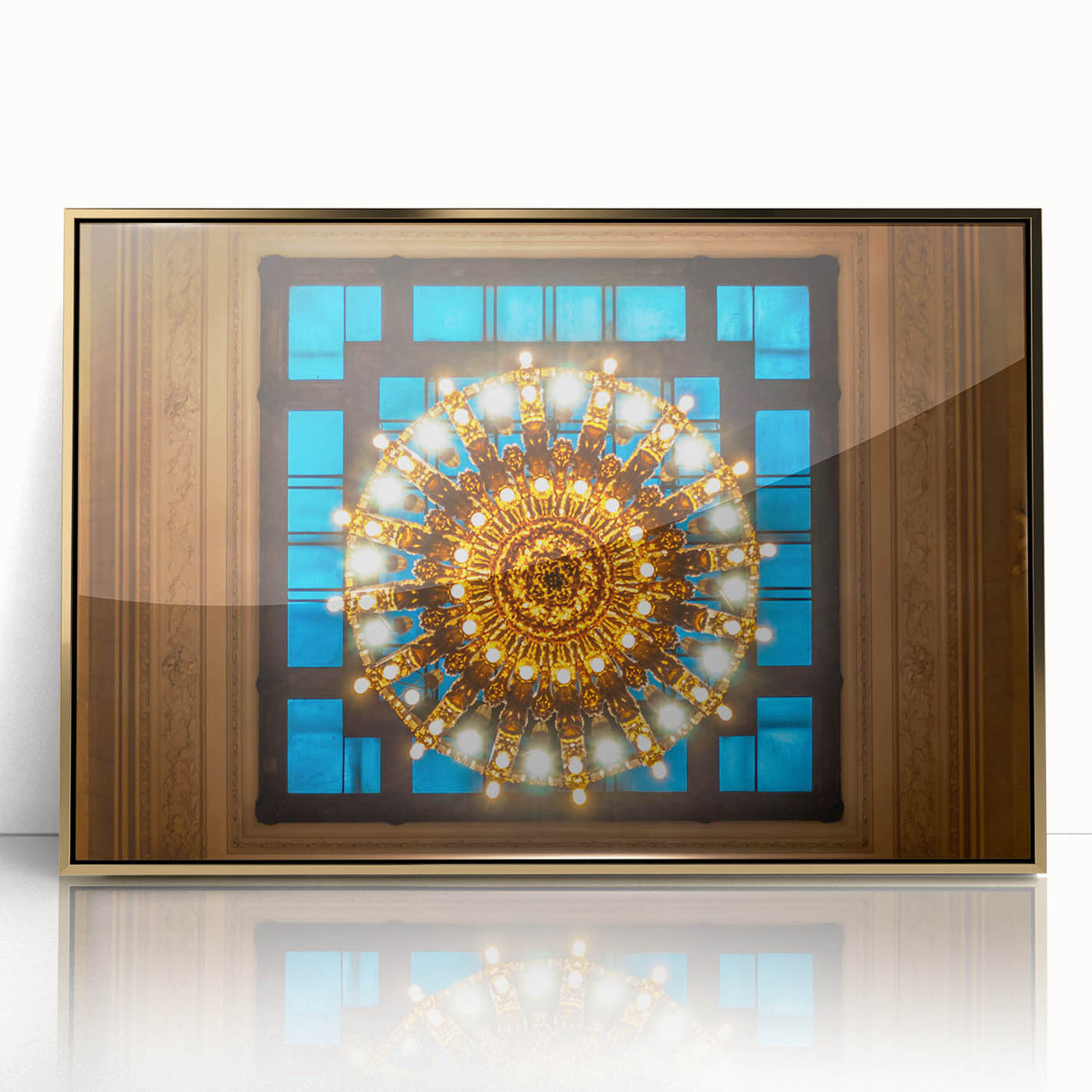 Mid-century modernist art of NYC Grand Central in muted gold tones on a framed acrylic, suitable for modern art wall decor.