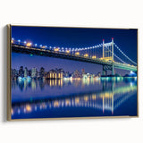 Framed canvas wall art featuring the Manhattan Bridge in black and gold tones, suitable for bedroom decor.