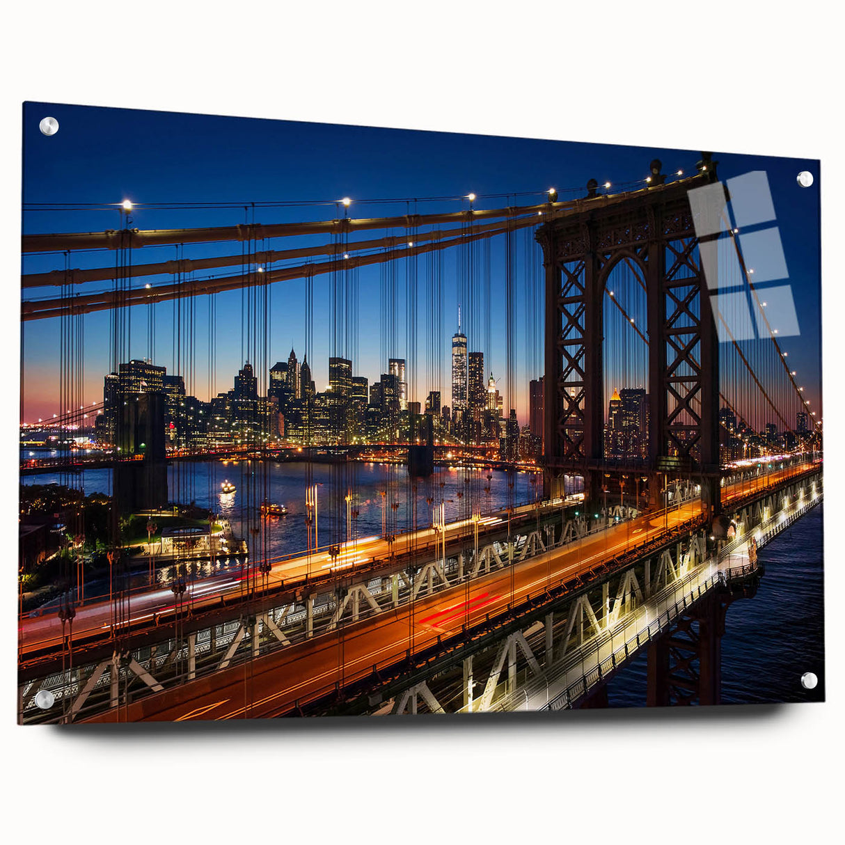 Acrylic print of Manhattan skyline in muted gray and blue tones, ideal for modern bedroom or dining room decor.