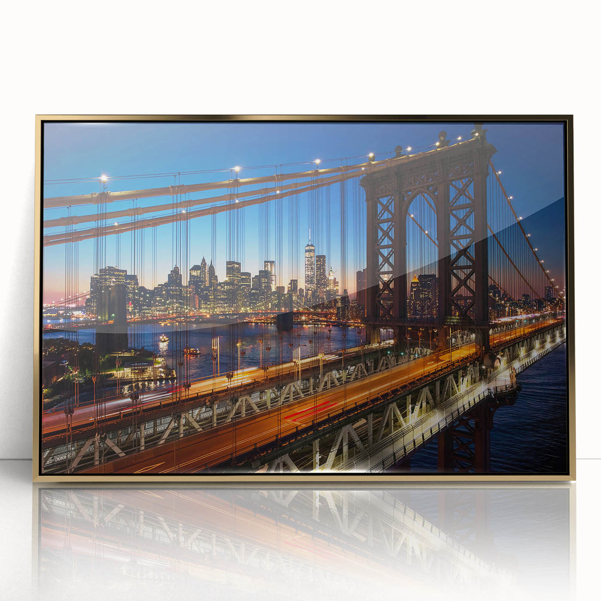 Acrylic print of Manhattan skyline in gold and black tones, framed, mid-century modernist style.
