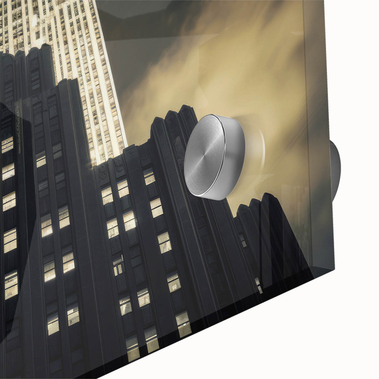 Large abstract wall art of New York City on acrylic glass in mid-century modernist style, suited for dining room ambiance.