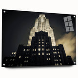 Acrylic print of New York City skyline in muted gray and blue tones, ideal for modern bedroom or dining room decor.