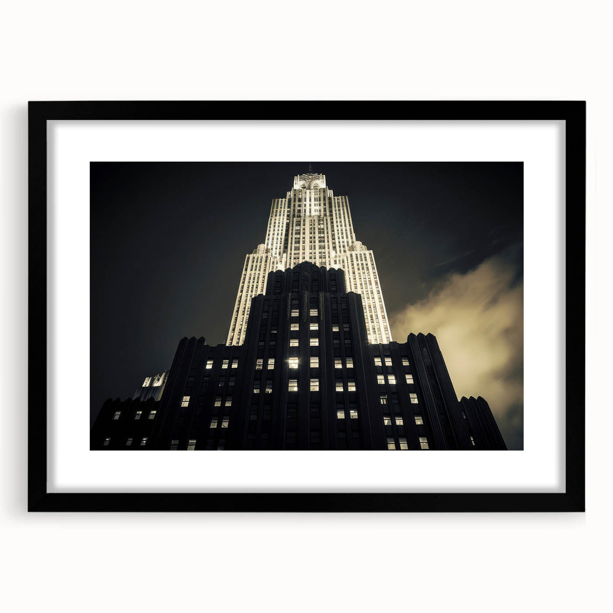 Abstract art print of NYC skyline in vibrant colors on a large textured canvas, ideal for living room decor.