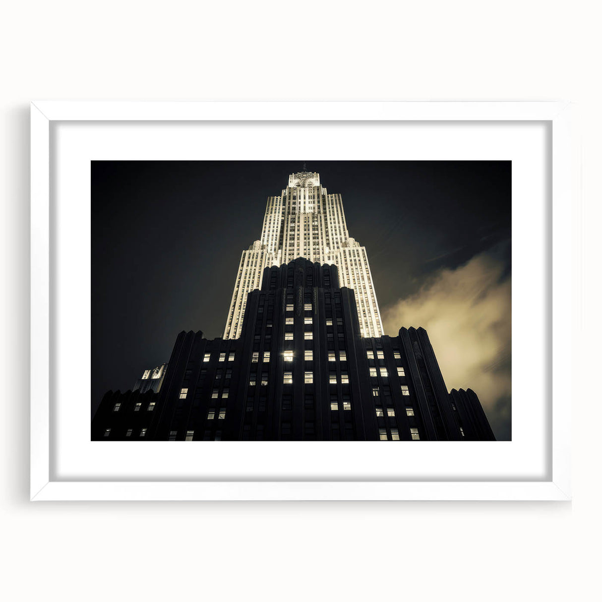 Abstract art print of New York City skyline in muted gray and blue tones on a framed white mat, ideal for dining room decor.