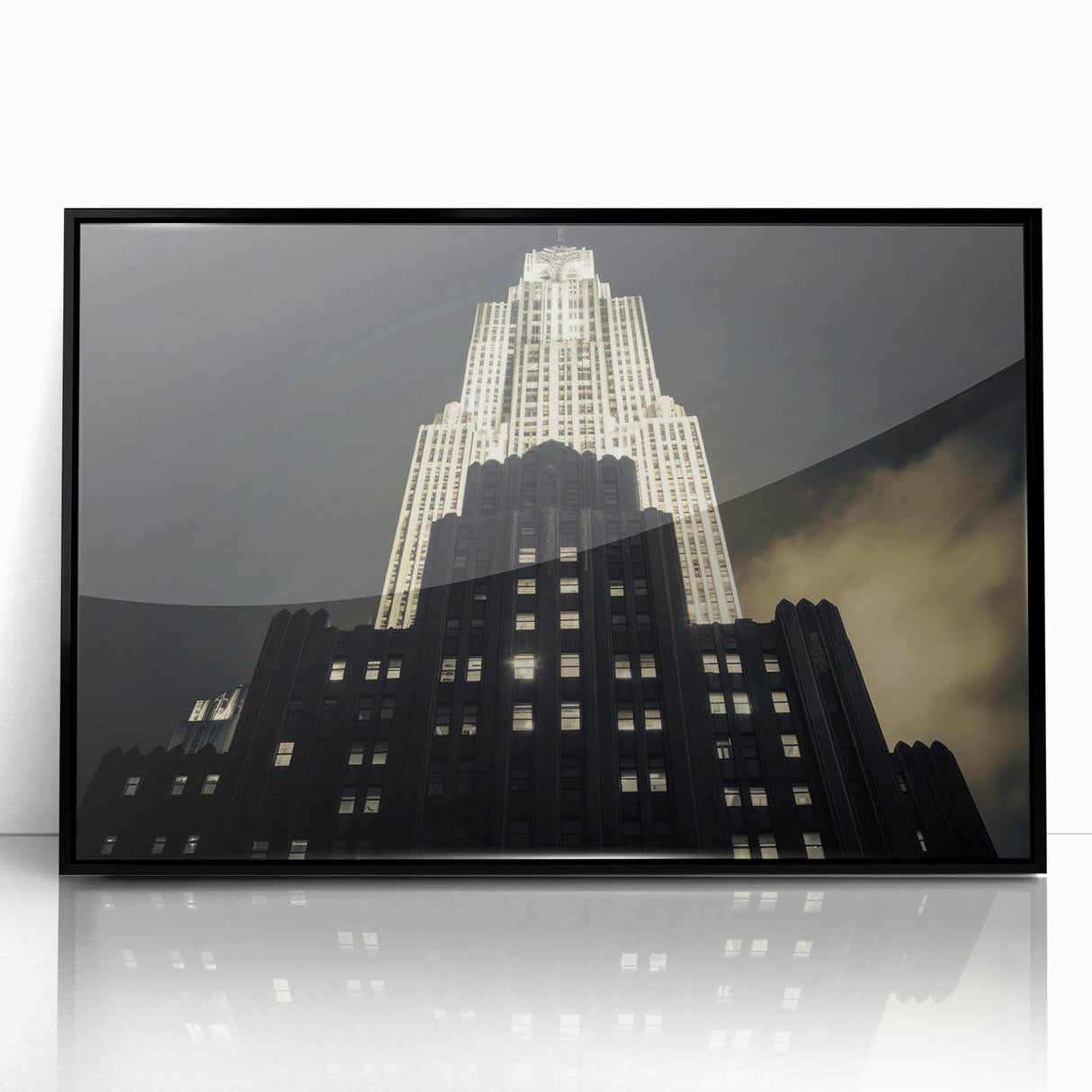 Large abstract wall art depicting the New York City skyline in muted black and white tones, framed in black acrylic.