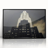 Large abstract wall art depicting the New York City skyline in muted black and white tones, framed in black acrylic.