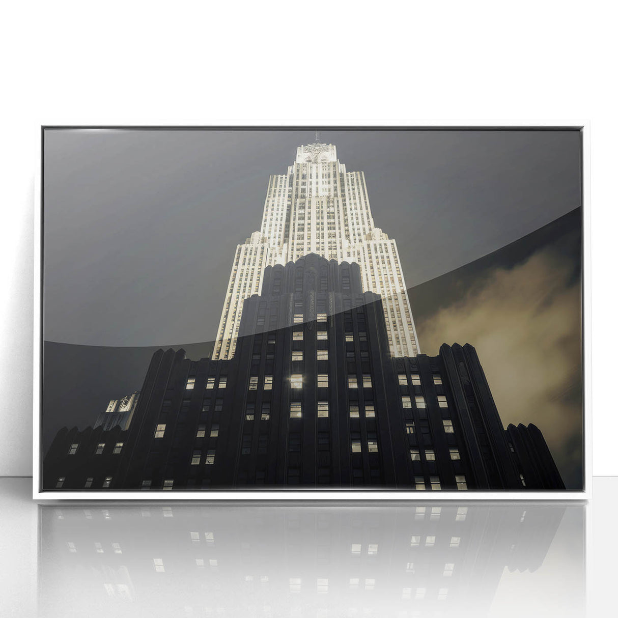 Acrylic print of New York City skyline in art deco style with monochrome palette, ideal for modern art wall decor.