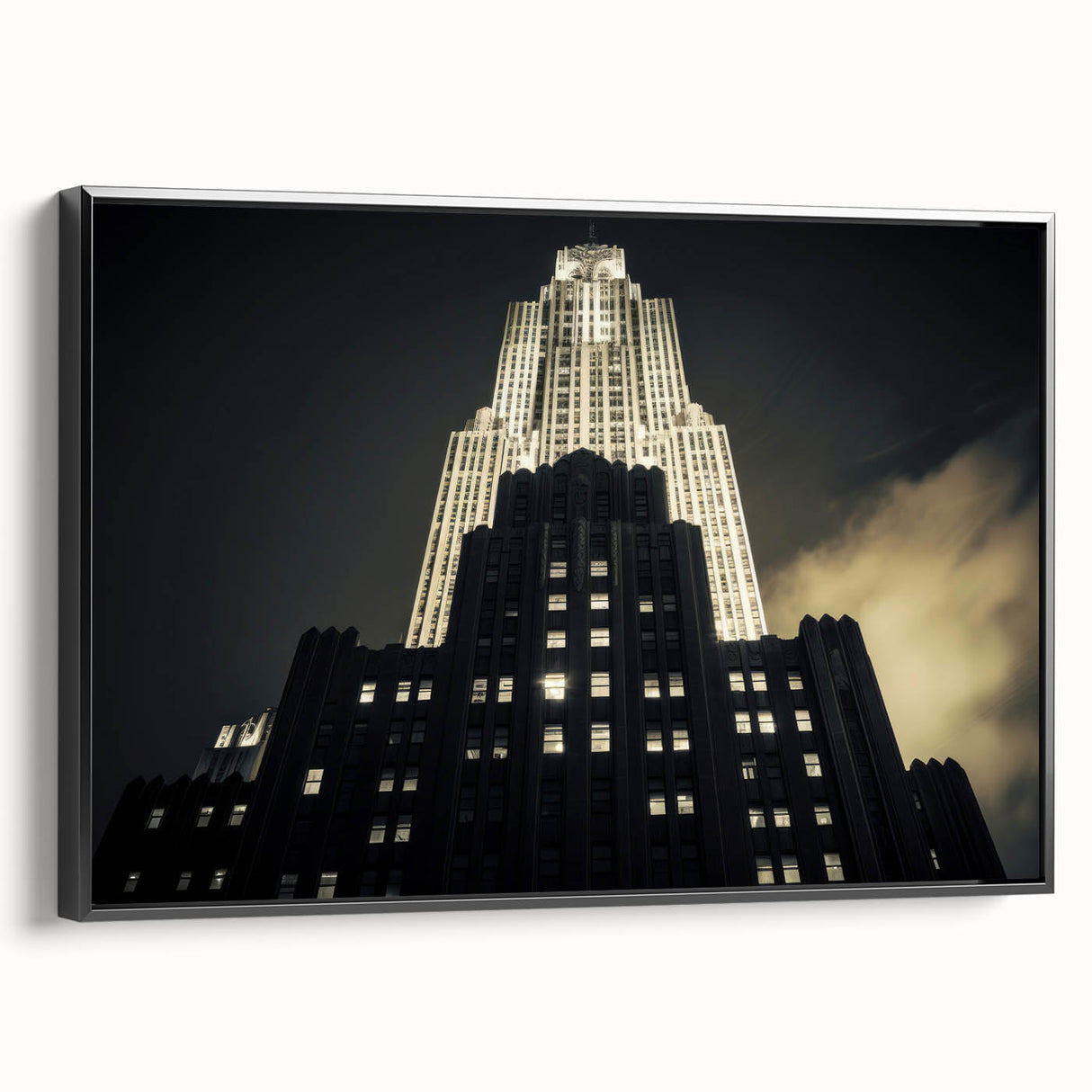 Black and white framed canvas of the NYC Rockefeller view, ideal for bedroom wall art with a vintage poster style.