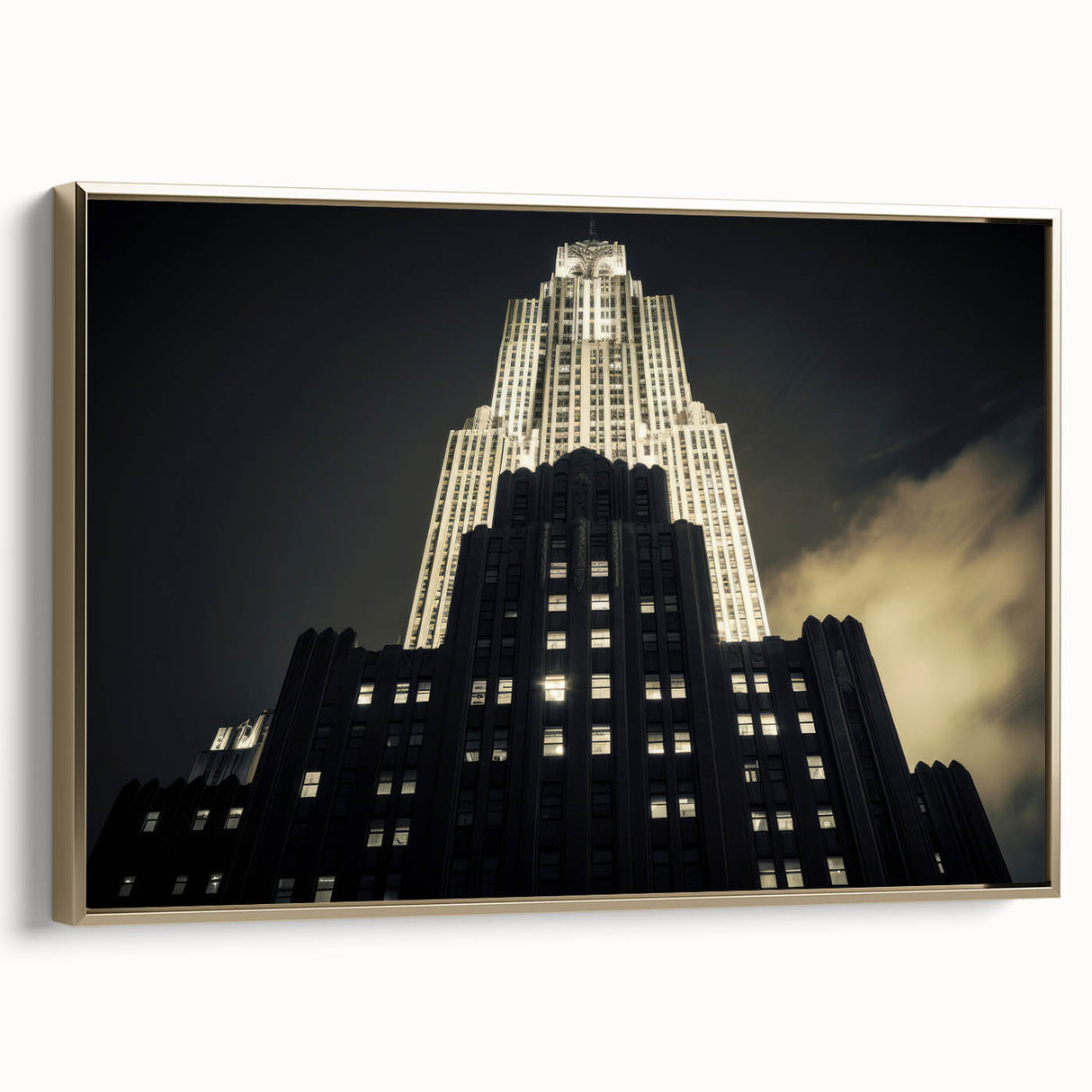 Framed canvas featuring a black and gold vintage poster of the NYC Rockefeller landscape, ideal for bedroom wall art.