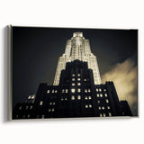 Framed canvas of NYC Rockefeller Center in vintage poster style with colorful art on black background.