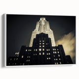 Vintage poster art of NYC Rockefeller view in colorful palette on large framed canvas, ideal for living room decor.