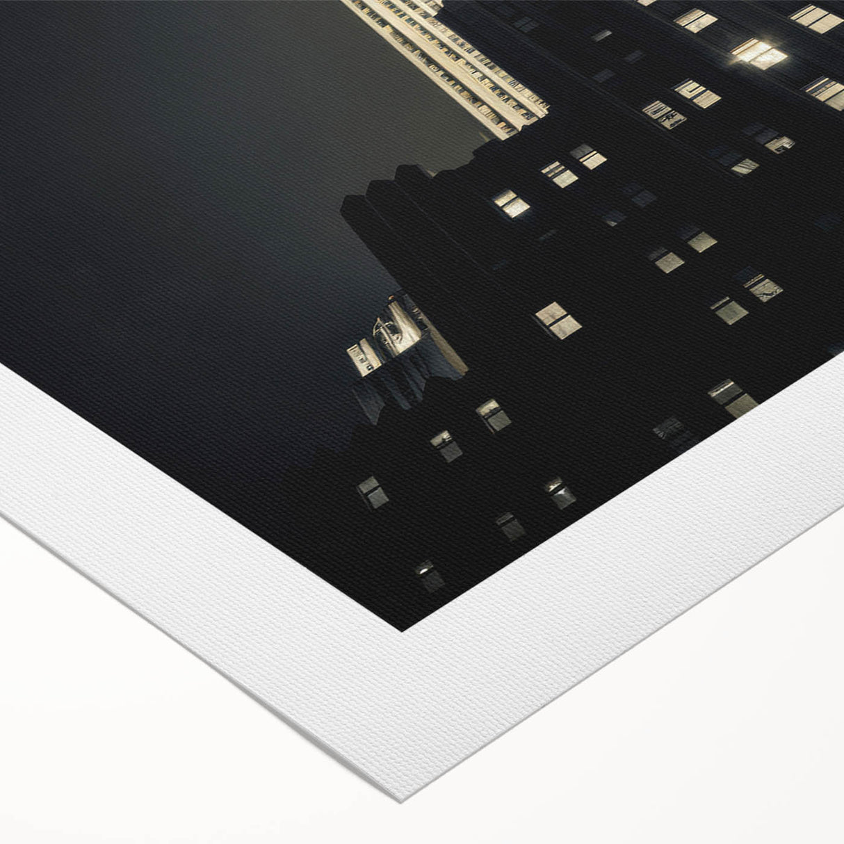 Art Deco poster of New York City skyline in monochrome shades on rolled canvas, suitable for dining room wall art.