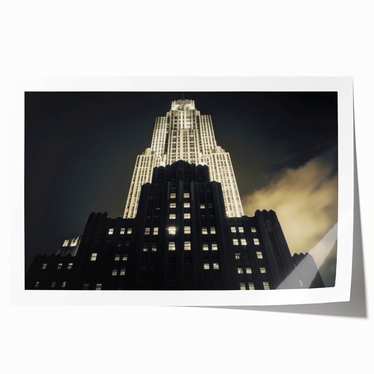 Extra large rolled print of New York City skyline at dusk in muted gray and blue tones, ideal for dining room wall art.