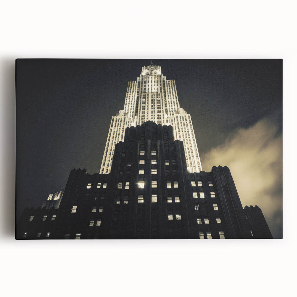 Black and white aerial photograph of NYC on stretched canvas, ideal for kitchen wall art.
