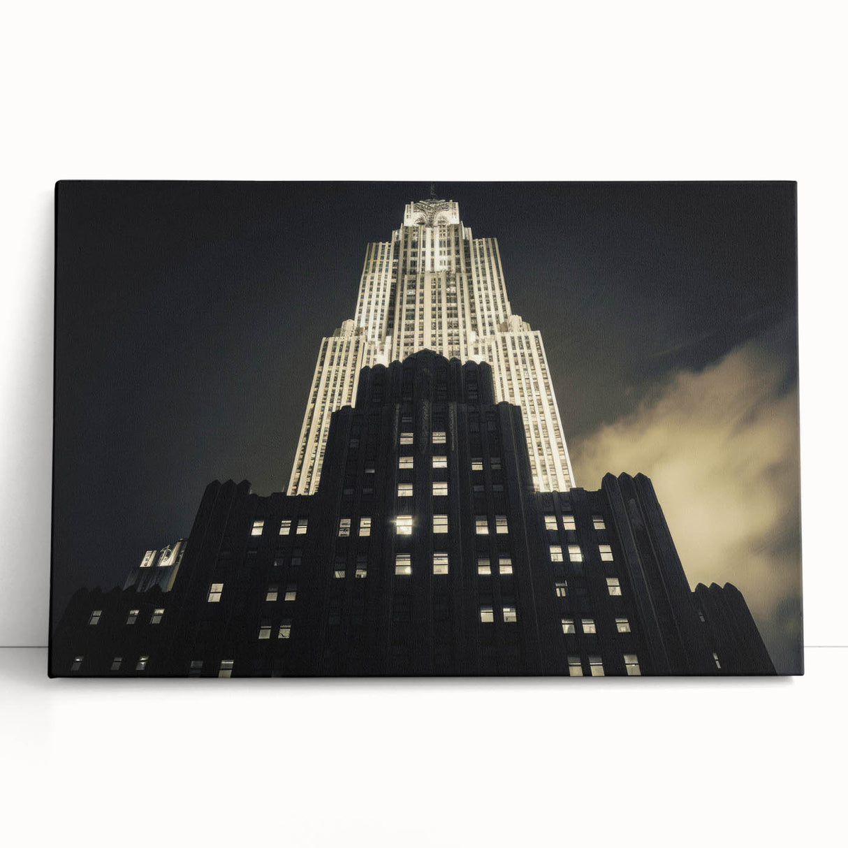 Black and white photograph of NYC from Rockefeller Center on stretched canvas, ideal for kitchen wall art or bedroom.