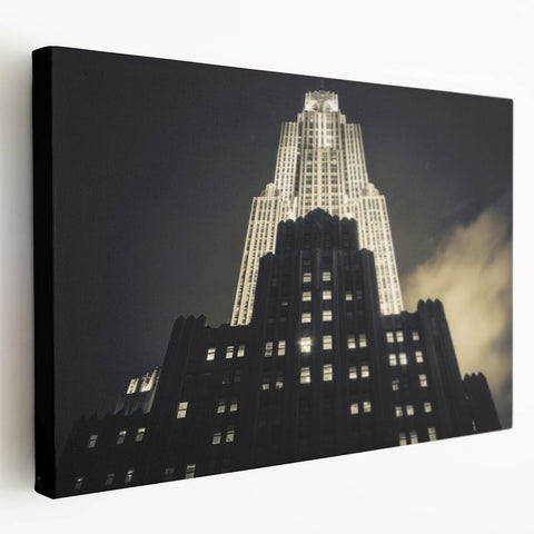 Large canvas print of the New York City skyline at dusk in muted gray and blue tones, suitable for kitchen wall art.