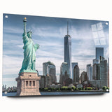 Acrylic print of the Statue of Liberty in muted green and blue tones, suitable for bedroom or dining room decor.