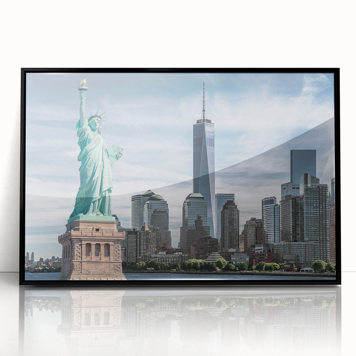 Large abstract wall art of the Statue of Liberty in monochrome, framed in black acrylic, suitable for modern art wall decor.